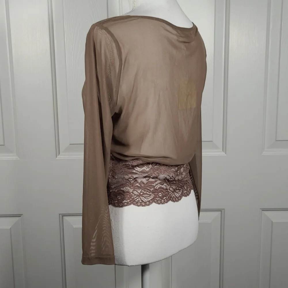 NWT A'reve Lace & Mesh Sheer Stretchy Crop Top in Brown Size Large - Picture 7 of 14